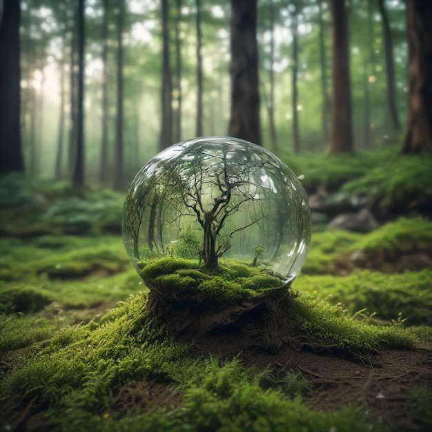 a sphere with a tree growing in the middle of the forest