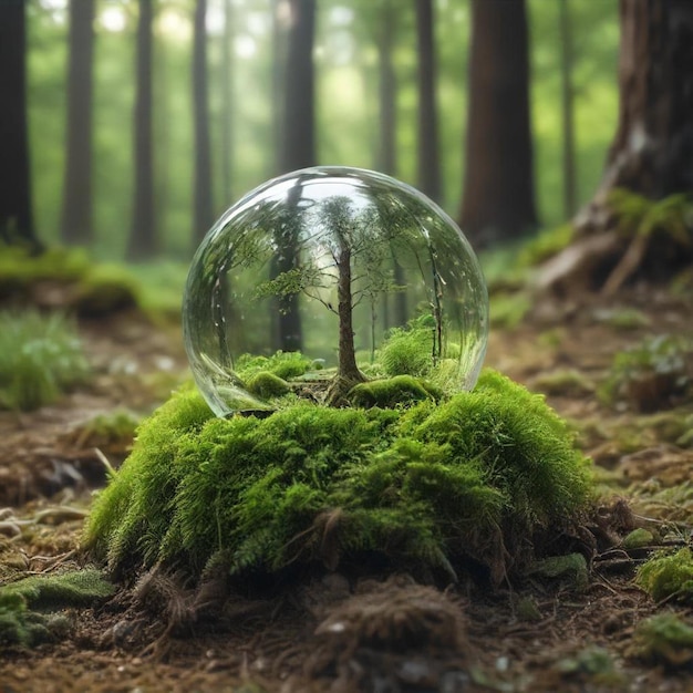 a sphere with a tree growing in the middle of the forest