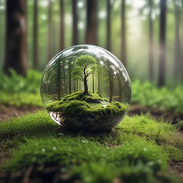 a sphere with a tree in it and a tree in the middle of the forest