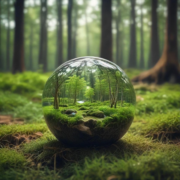 a sphere with trees and a forest in the background