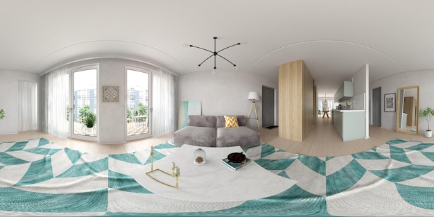 Spherical 360 panorama projection Scandinavian style interior design 3 D rendering