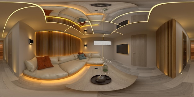 Spherical 360 seamless panorama projection Interior modern design room 3D illustration