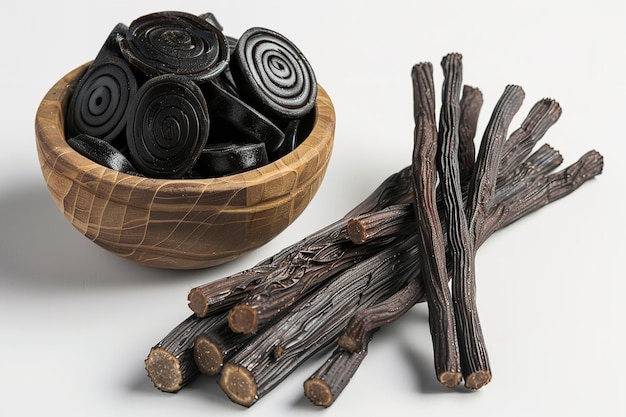 Spherical bowl comprised of flat black sweets and fragments of licorice strands with a white