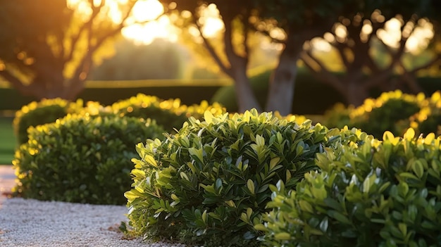 spherical boxwood bushes in a warm summer sunset garden