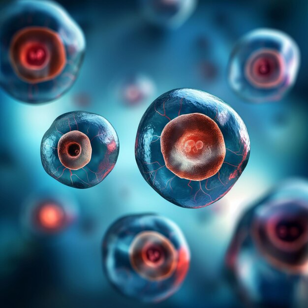 Photo spherical cells with distinct nuclei against a blurred blue background