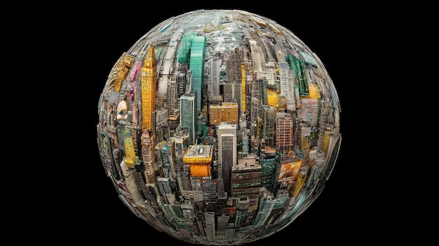 Photo a spherical collage of city buildings in various hues