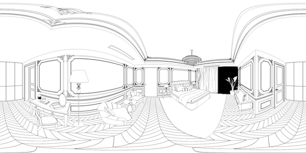 spherical panorama of the interior, contour visualization, 3D illustration, sketch, outline