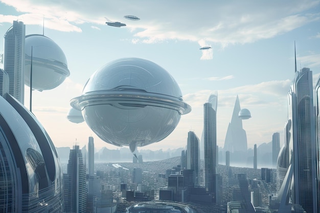 Spherical projection of futuristic city with flying vehicles and hightech buildings in the background created with generative ai