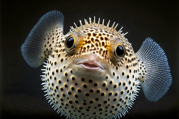 Photo spherical puffer fish with black eyes on dark background