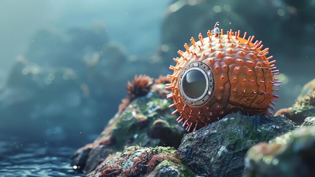 A spherical rusty underwater pod with spikes sits on a rock