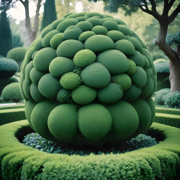 A spherical topiary made of various lush green leaves and foliage