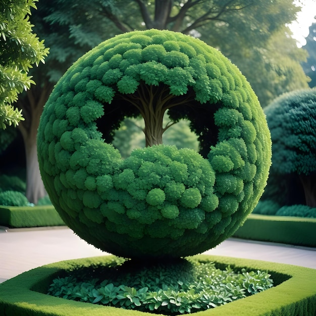 A spherical topiary made of various lush green leaves and foliage