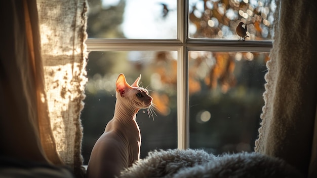 Photo a sphynx cat gazes out a window observing nature and a bird outside