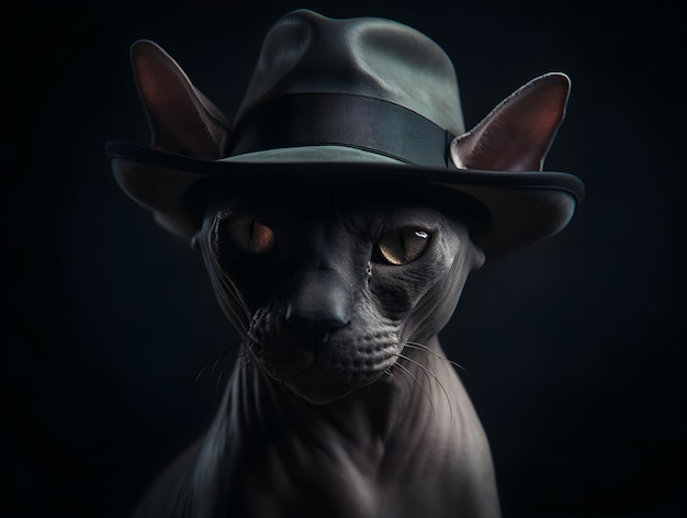 Sphynx cat in a hat on a dark background