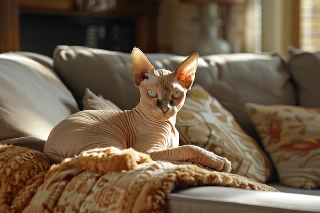 Photo sphynx cat lounging on a cozy sofa in warm sunlit living room ai