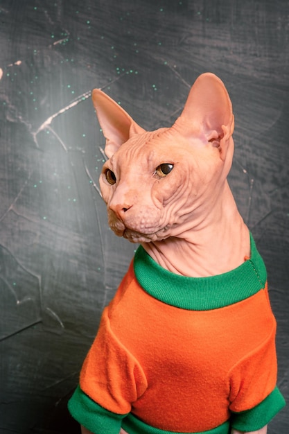 Sphynx cat in an orange Tshirt on a black background Portrait of a bald cat