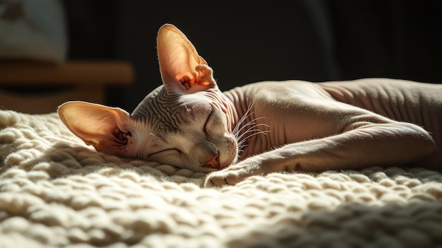 Photo a sphynx cat peacefully sleeping on a cozy blanket illuminated by soft sunlight