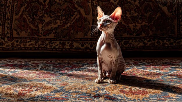 Photo a sphynx cat sits gracefully on a patterned rug illuminated by soft natural light