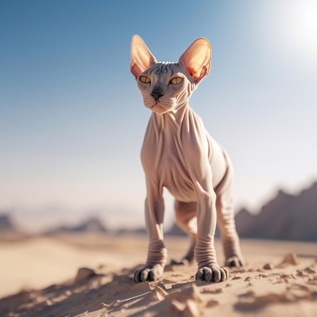 Sphynx cat stands on the sand against the blue sky