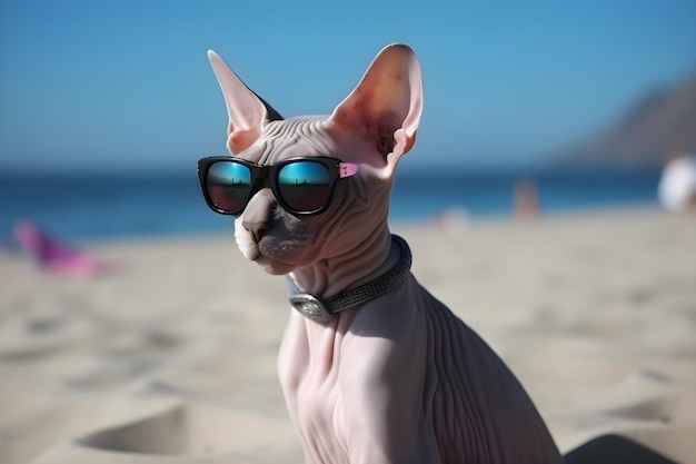 Sphynx cat in sunglasses on the beach near the sea Generative AI 1