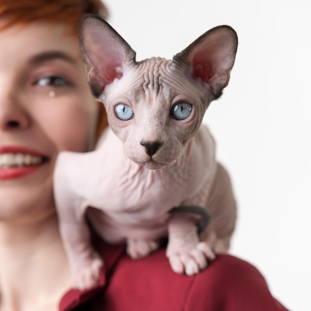 Sphynx Hairless Cat looking at camera sitting on shoulder of smiling redhead young woman