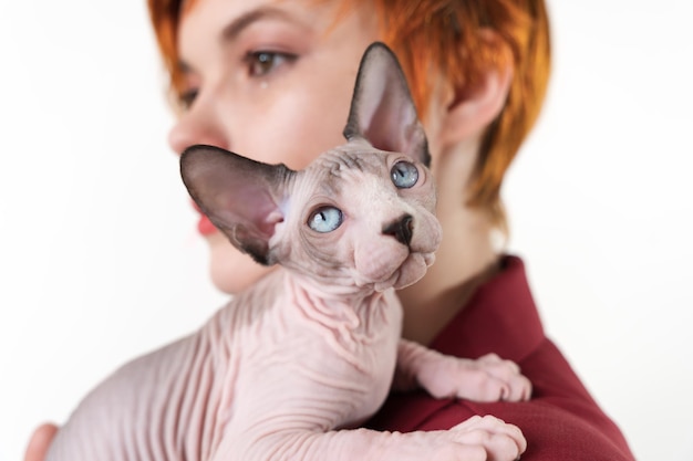 Sphynx kitten lying on shoulder of redhead woman Selective focus foreground shallow depth of field