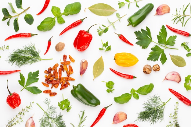 Spice herbal leaves and chili pepper on white background. Vegetables pattern. Floral and vegetables on white background. Top view, flat lay.