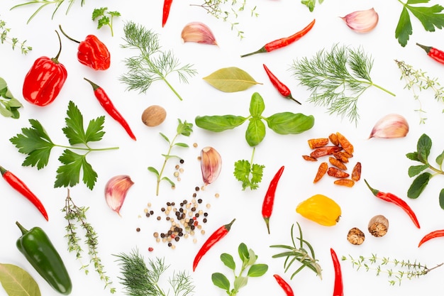 Spice herbal leaves and chili pepper on white background. Vegetables pattern. Floral and vegetables on white background. Top view, flat lay.