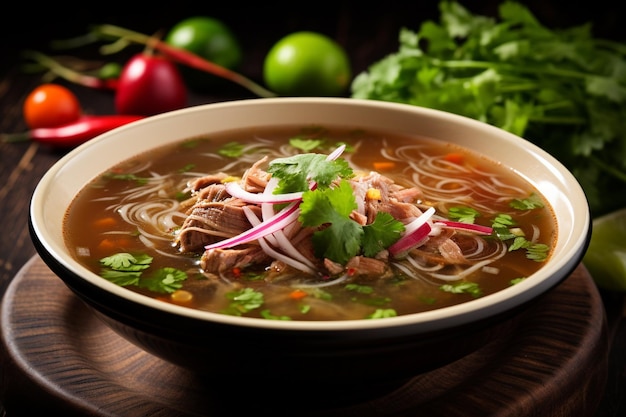 Spice infusion gourmet mexican pozole soup on a wooden table