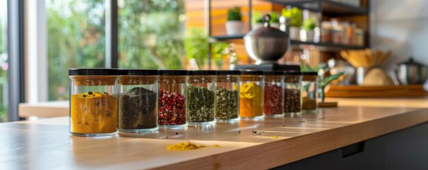 Photo a spice jar collection on a modern kitchen counter with colorful spices visible through the glass