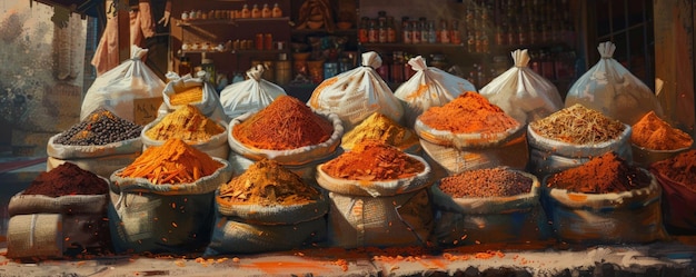 Photo a spice market scene with colorful spices heaped in large sacks the bright colors and textures of