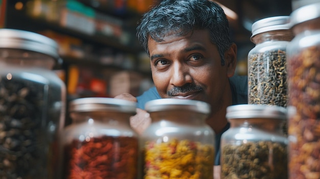 Photo spice merchant in vibrant market aromatic spices and herbal jars