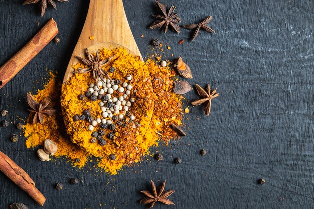 Spice powder on a wooden spoon