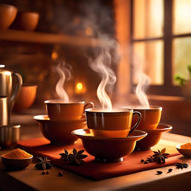 Spiced Masala Tea Cups Emitting Steam on Table