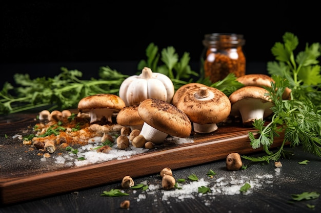 Spiced mushrooms and herbs on blackboard