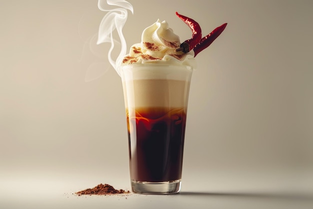 Spiced Whipped Coffee with Chili Pepper Garnish in a Clear Glass Exuding Creativity and Warmth