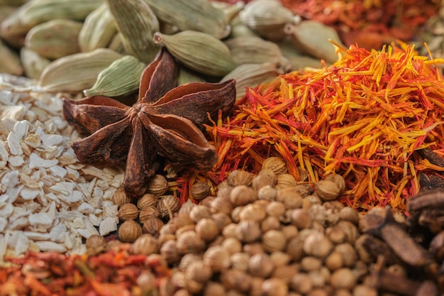 Spices Aromatic Indian spices on a slate background Spices and herbs