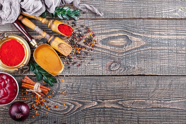 Spices for cooking on an old table