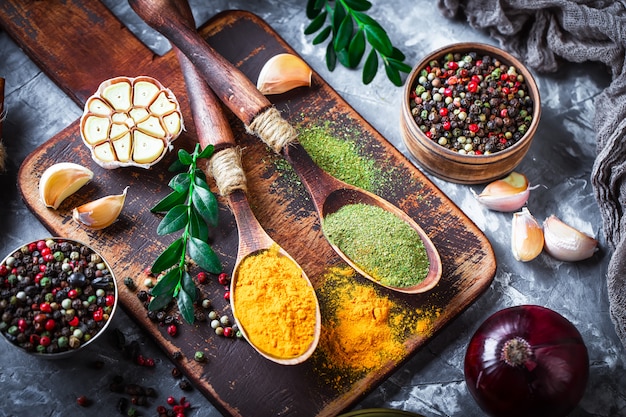 Spices for cooking on an old table