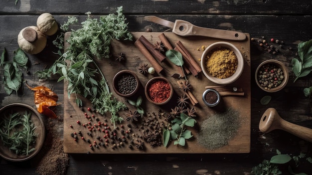 Spices on a cutting board with a wooden spoon and a bowl of spices on the table