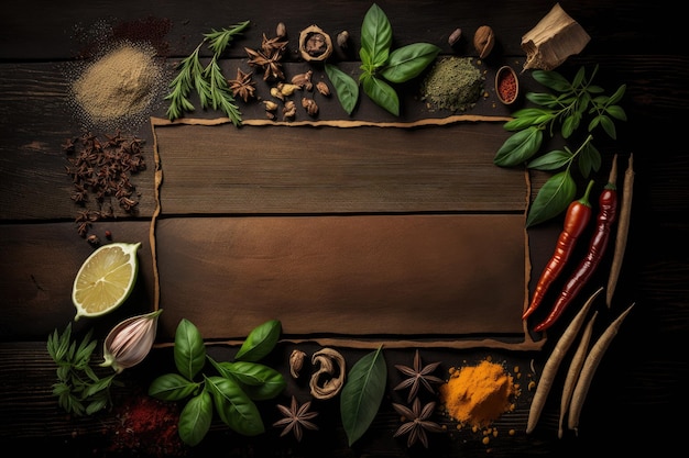 Spices and fresh herbs on a wooden table with copy space the top view