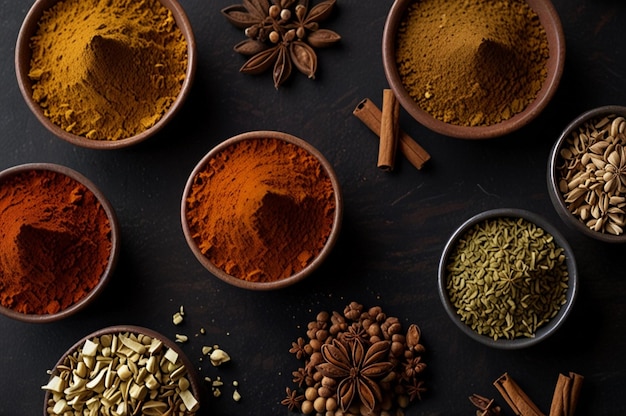 Photo spices for garam masala on a dark background