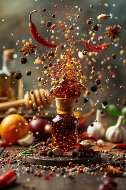 Spices and herbs flying out of the bottle on a wooden background