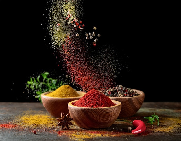 Photo spices and herbs a large assortment of spices indian cuisine on the wooden table top view