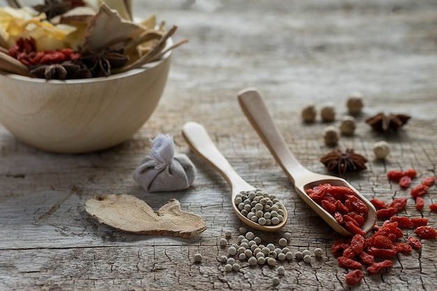 Spices and herbs in metal bowls