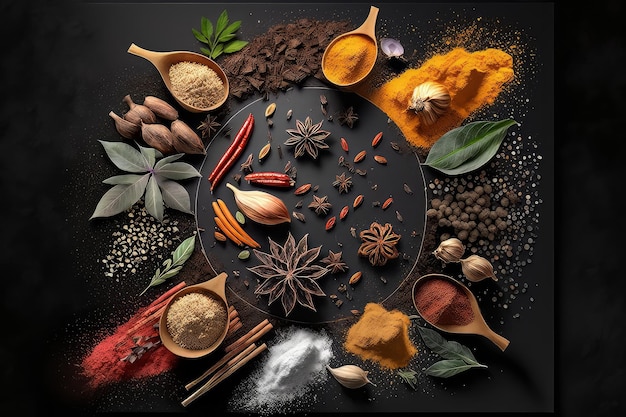 Spices and herbs set against a dark stone wall View from above with room for copy Generative AI