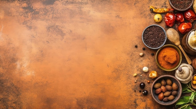 Spices and herbs on stone background Top view with copy space