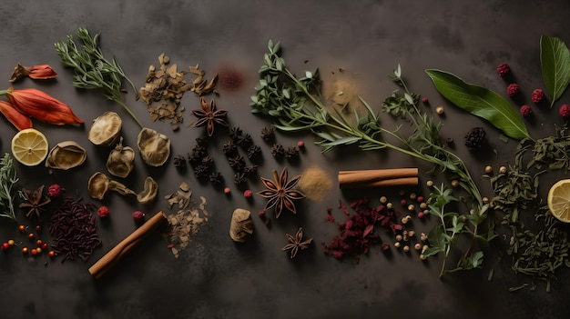 Spices and herbs on a table with one that says'spice '