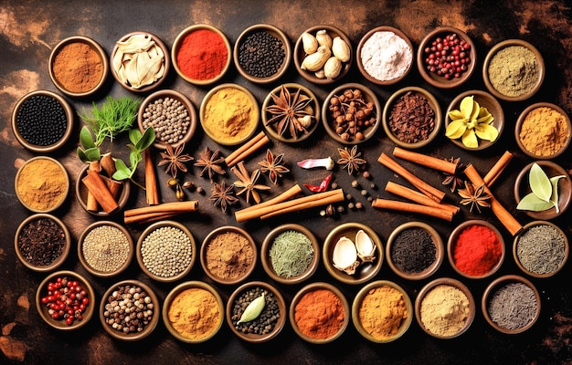 Spices and herbs in wooden bowls Food and cuisine ingredients