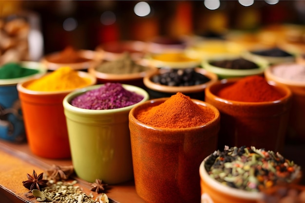 Spices and herbs in wooden bowls